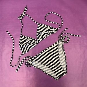 Black and white striped string bikini